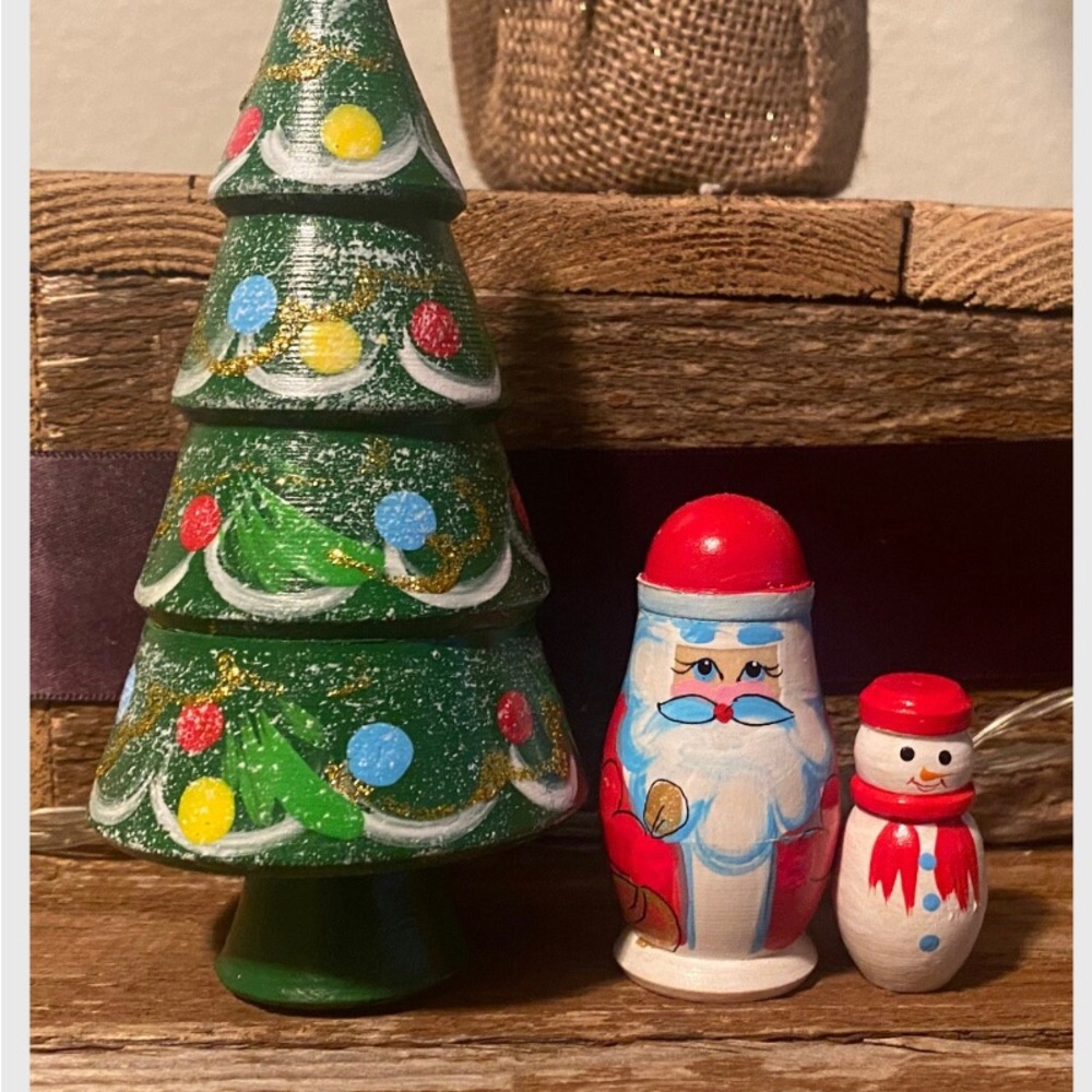 Wooden Holiday Figurine Set - Green, Red, White Nesting Christmas Tree 3 pieces